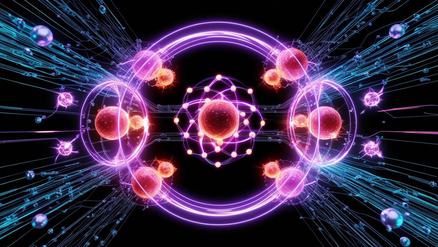 Artistic visualization of a quantum superradiant phase transition, showing glowing atomic particles, energy waves, and orbiting electrons in a futuristic physics concept