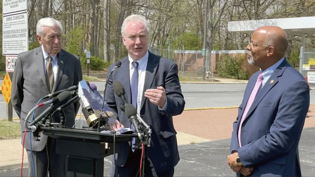 U.S. Sen. Chris Van Hollen, D-Md., talks to reporters outside the NASA Goddard Space Flight Center, which he says has been targeted for deep budget cuts. (Jeff Barker/The Baltimore Sun/TNS)