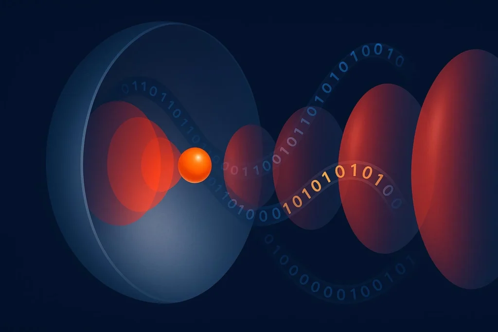 An illustration showing a standing light wave reflected from a curved mirror with a spherical particle at the centre. A stream of information, represented by 0s and 1s, emerges from the system. Credit: Dr. James Bateman