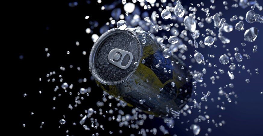 Energy drink can with water droplets, symbolizing taurine in soft drinks and its possible link to cancer growth — featured on DailySciTech.com