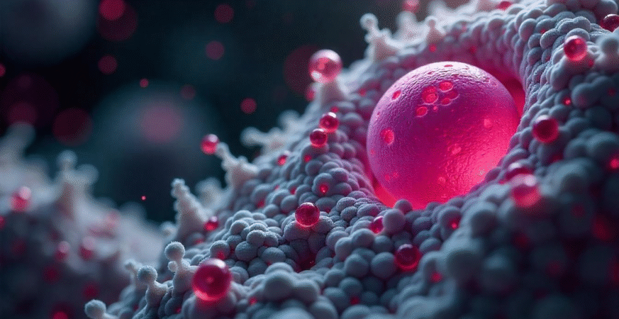 Microscopic view of cancer cells under attack from ribosome-disrupting treatment