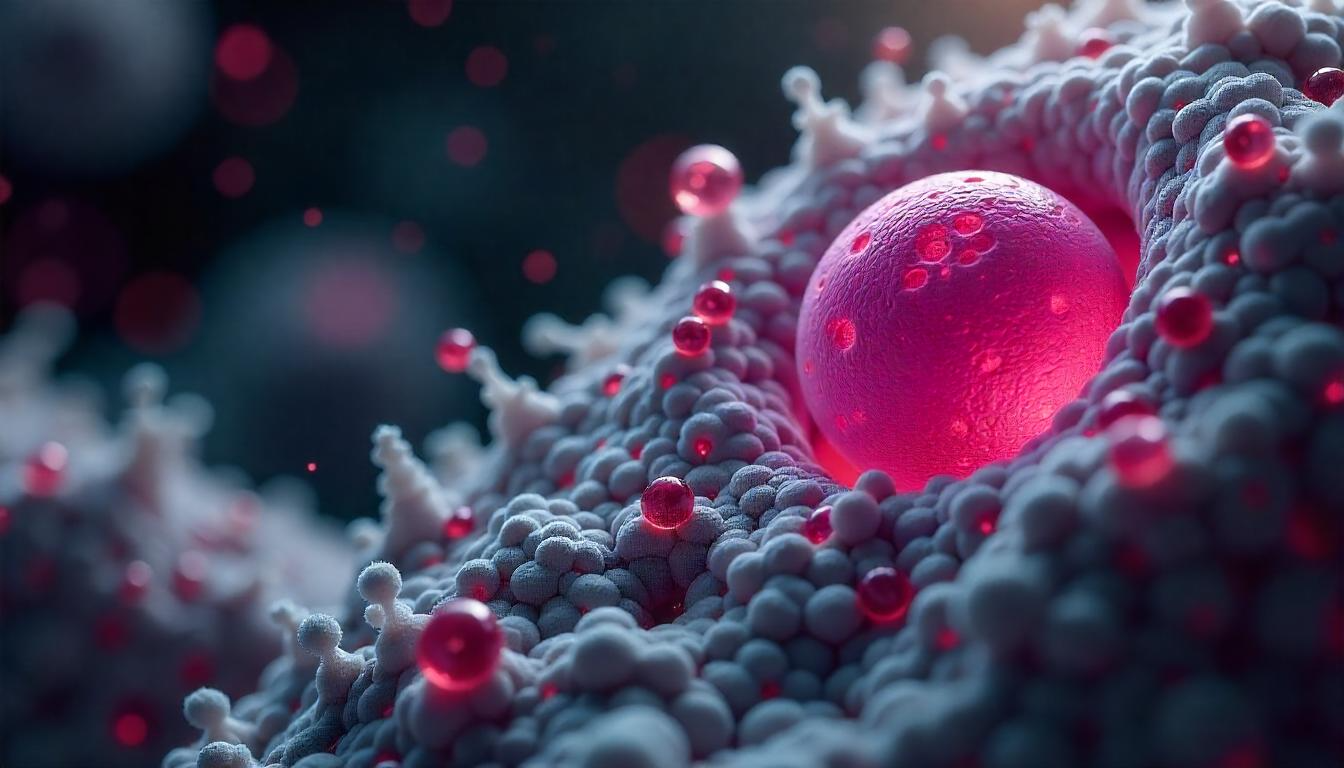 Microscopic view of cancer cells under attack from ribosome-disrupting treatment