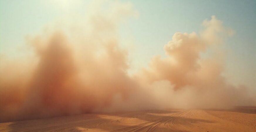 A solar farm in Europe under a hazy sky filled with Saharan dust