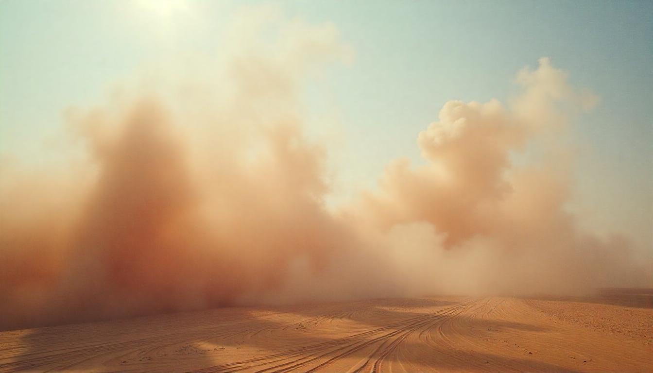 A solar farm in Europe under a hazy sky filled with Saharan dust
