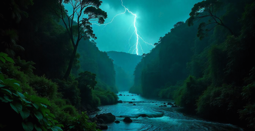 Lightning storm over tropical rainforest canopy