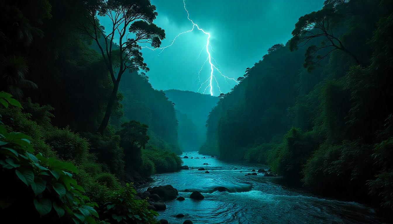 Lightning storm over tropical rainforest canopy