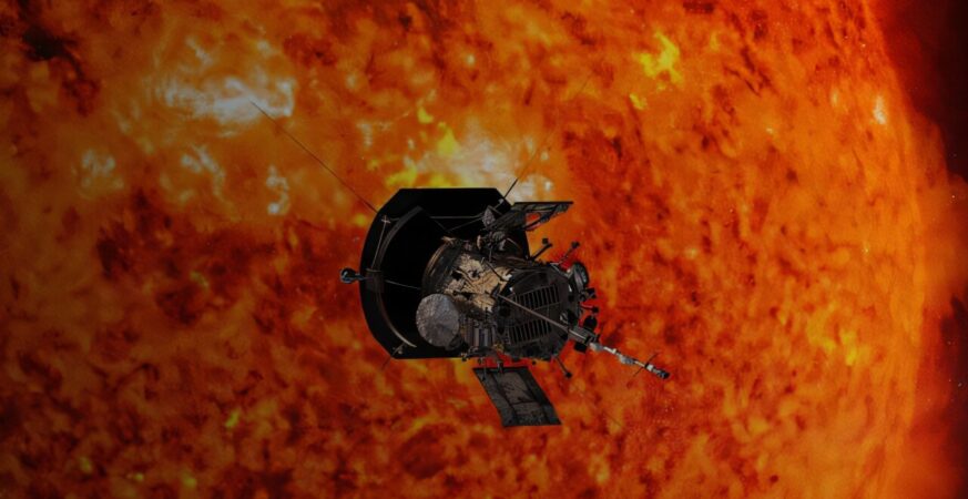 Parker Solar Probe flying in front of the sun. Credit: Queen Mary, University of London
