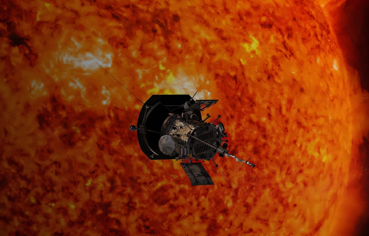 Parker Solar Probe flying in front of the sun. Credit: Queen Mary, University of London