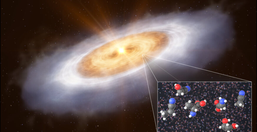 This artist's impression shows the planet-forming disk around the star V883 Orionis. In the outermost part of the disk, volatile gases are frozen out as ice, which contains complex organic molecules. An outburst of energy from the star heats the inner disk to a temperature that evaporates the ice and releases the complex molecules, enabling astronomers to detect it. The inset image shows the chemical structure of complex organic molecules detected and presumed in the protoplanetary disk (from left to right): propionitrile (ethyl cyanide), glycolonitrile, alanine, glycine, ethylene glycol, and acetonitrile (methyl cyanide). Credit: ESO / L. Calçada / T. Müller (MPIA/HdA)