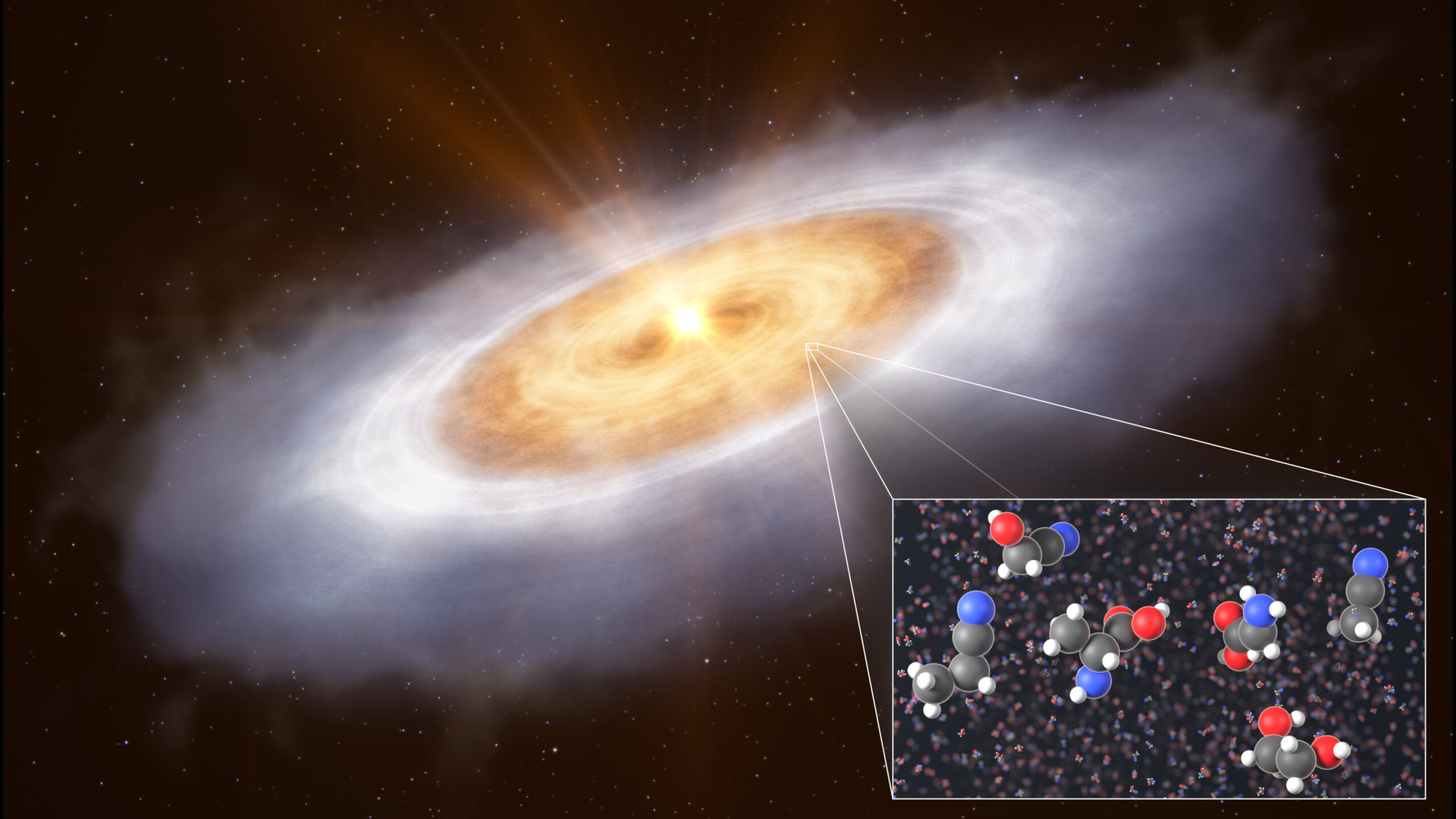 This artist's impression shows the planet-forming disk around the star V883 Orionis. In the outermost part of the disk, volatile gases are frozen out as ice, which contains complex organic molecules. An outburst of energy from the star heats the inner disk to a temperature that evaporates the ice and releases the complex molecules, enabling astronomers to detect it. The inset image shows the chemical structure of complex organic molecules detected and presumed in the protoplanetary disk (from left to right): propionitrile (ethyl cyanide), glycolonitrile, alanine, glycine, ethylene glycol, and acetonitrile (methyl cyanide). Credit: ESO / L. Calçada / T. Müller (MPIA/HdA)